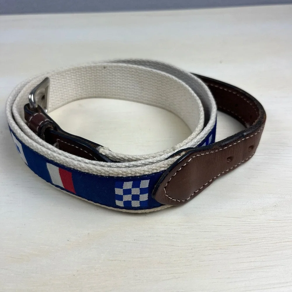 Nautical Signal Flag Canvas Belt Mens 38 Preppy Leather Tabs Solid Brass Buckle